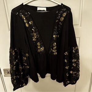 Anthropologie A+ Neale Sequined Peplum Top w/ Puff Sleeves